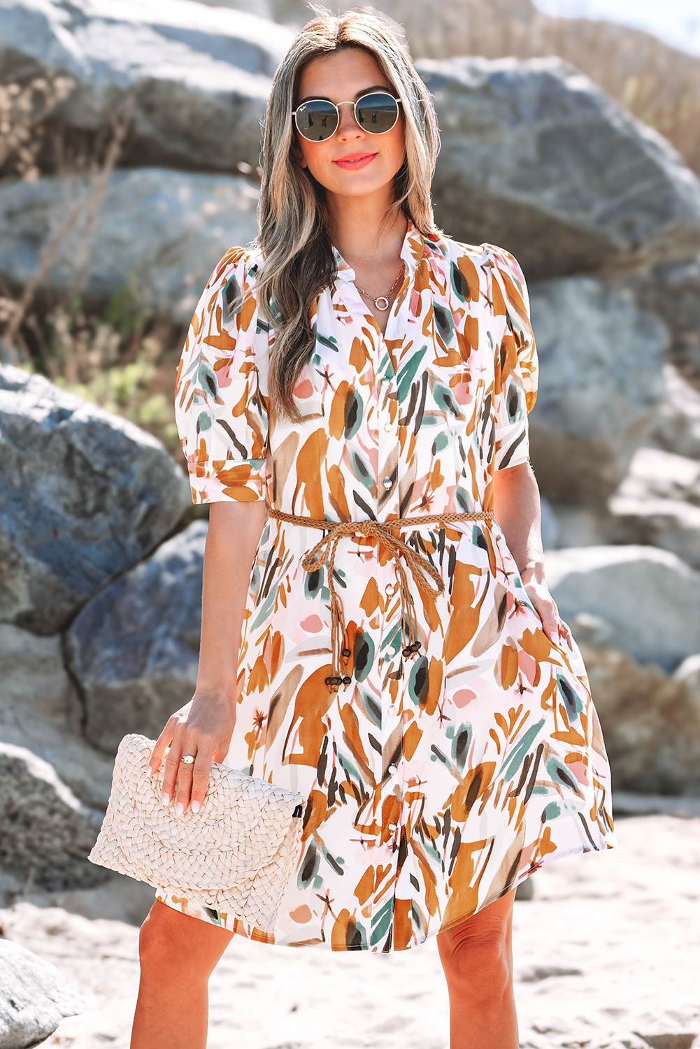 Brown Abstract Printed Puff Sleeve Button Up Braided Belt Mini Dress - loveforevers