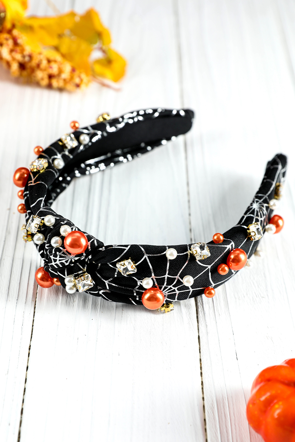 Black Pearled Rhinestone Knotted Spiderweb Halloween Headband - loveforevers