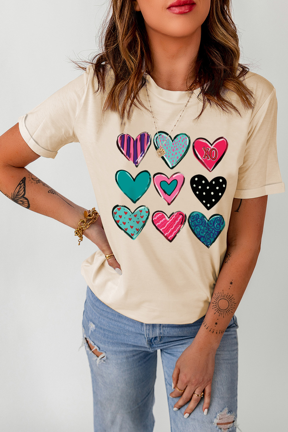 Khaki Valentines Multi Pattern Heart Shape Graphic T Shirt - loveforevers