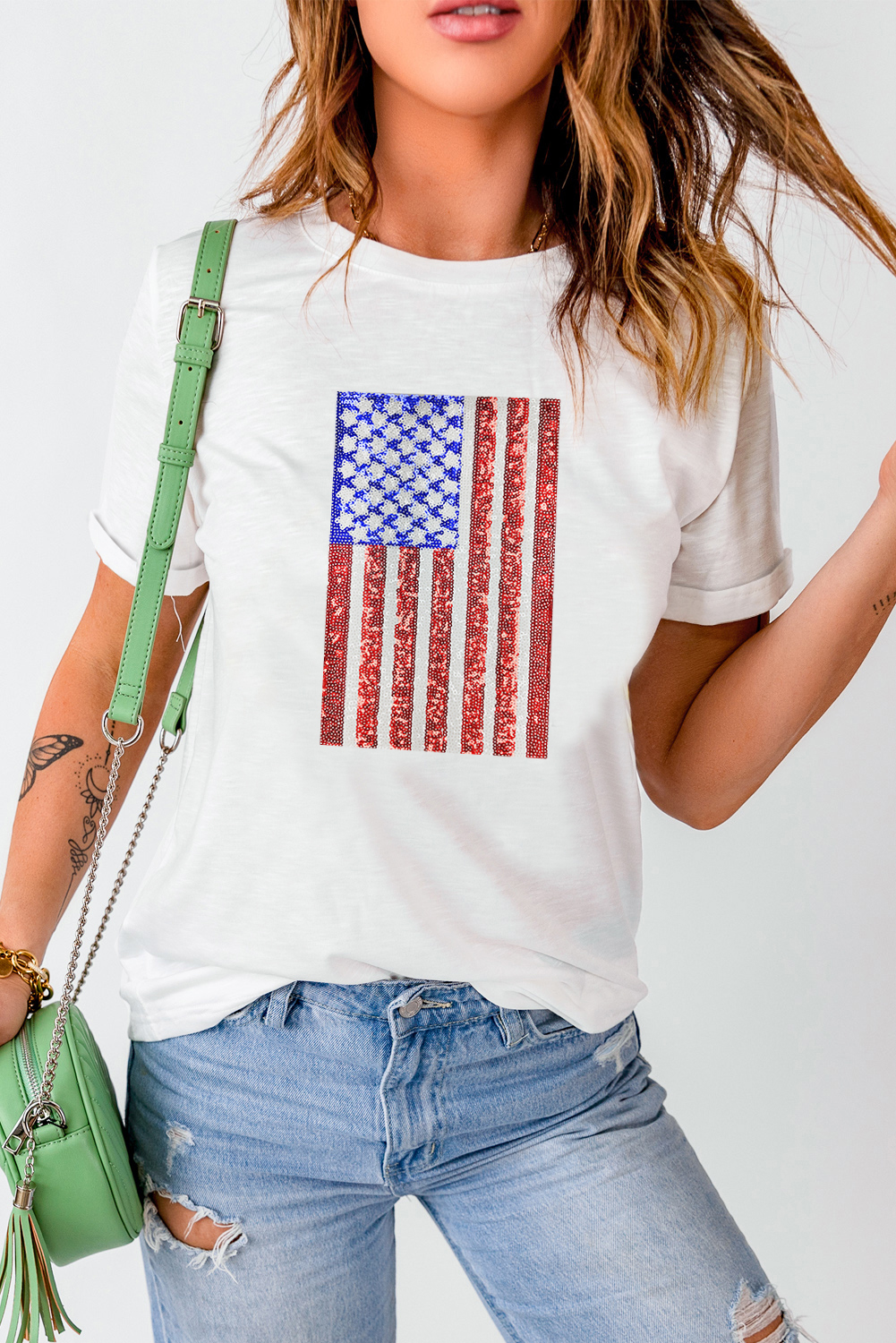 White Shimmery Flag Graphic Tee - loveforevers