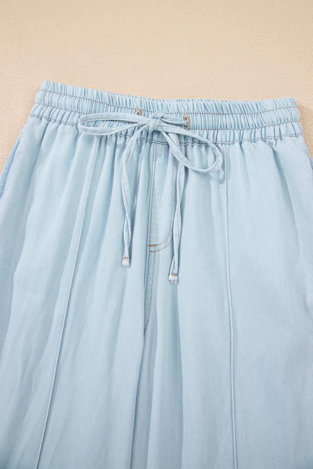 Beau Blue Light Wash Contrast Trim Center Seam Drawstring Elastic Waistband Wide Leg Denim Pants - loveforevers