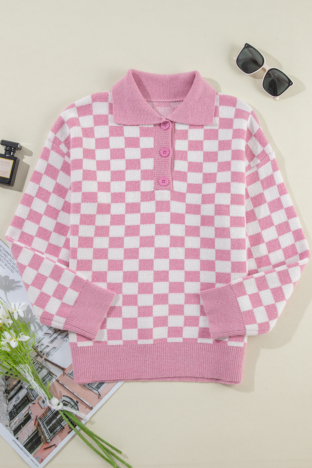 Pink Checkered Buttons Collar V Neck Drop Shoulder Sweater - loveforevers