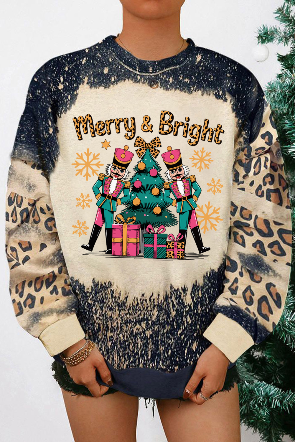 Black Merry&Bright Christmas Nutcracker Printed Leopard Tie Dye Bleached Baggy Sweatshirt - loveforevers