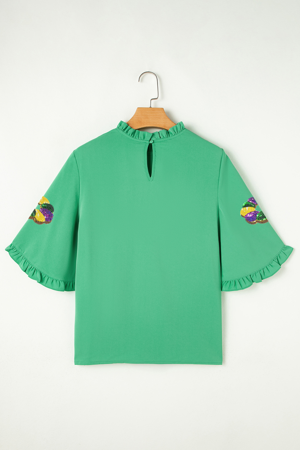 Green Sequin Doughnut Graphic Ruffled Trim Bell Sleeve Mardi Gras Blouse - loveforevers
