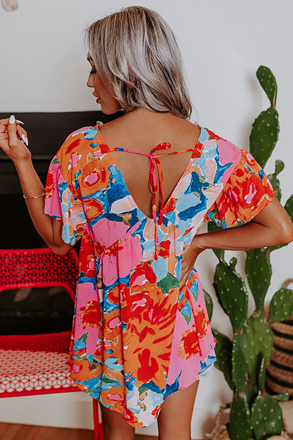 Pink Abstract Print V Neck Flutter Sleeve Blouse - loveforevers