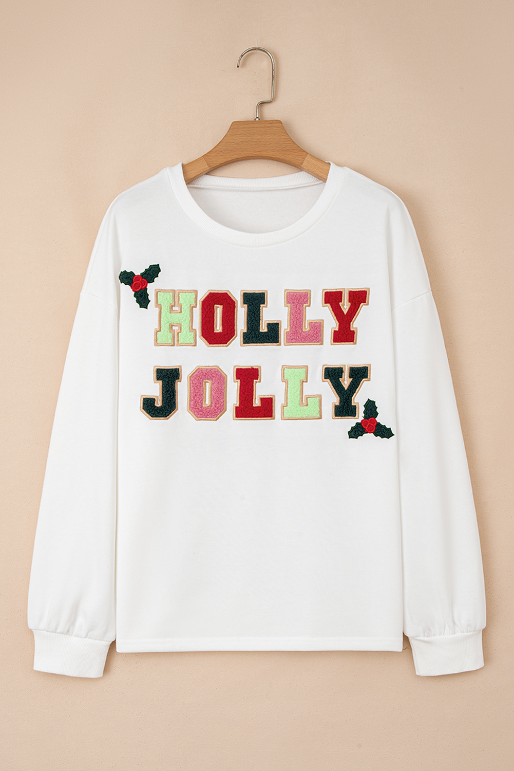 White HOLLY JOLLY Embroidered Graphic Pullover Sweatshirt - loveforevers
