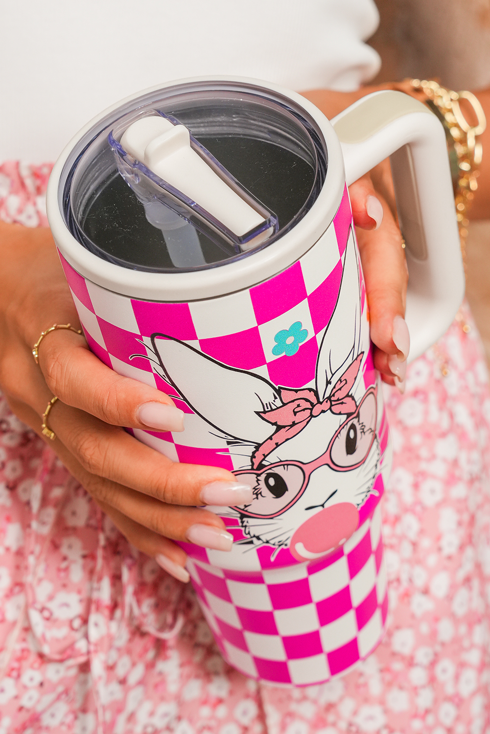 Rose Red Easter Rabbit Flower Checkered Print Large Tumbler 40oz - loveforevers