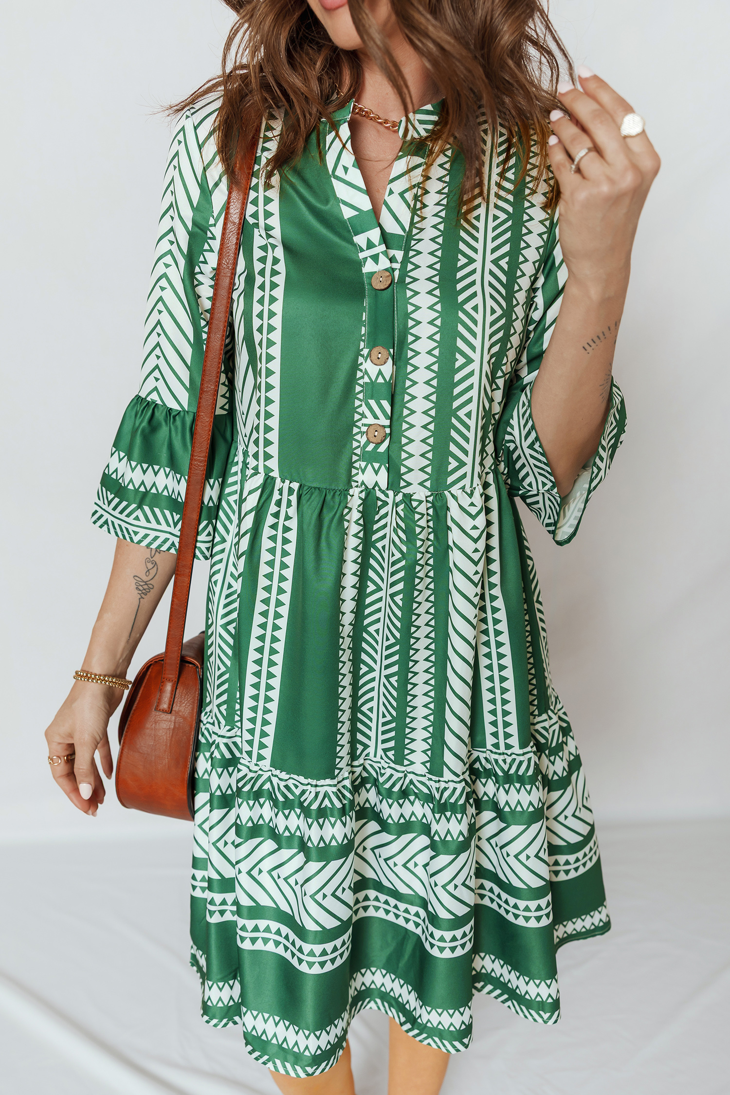 Green Boho Ethnic Print Half Button 3/4 Sleeve Casual Dress - loveforevers