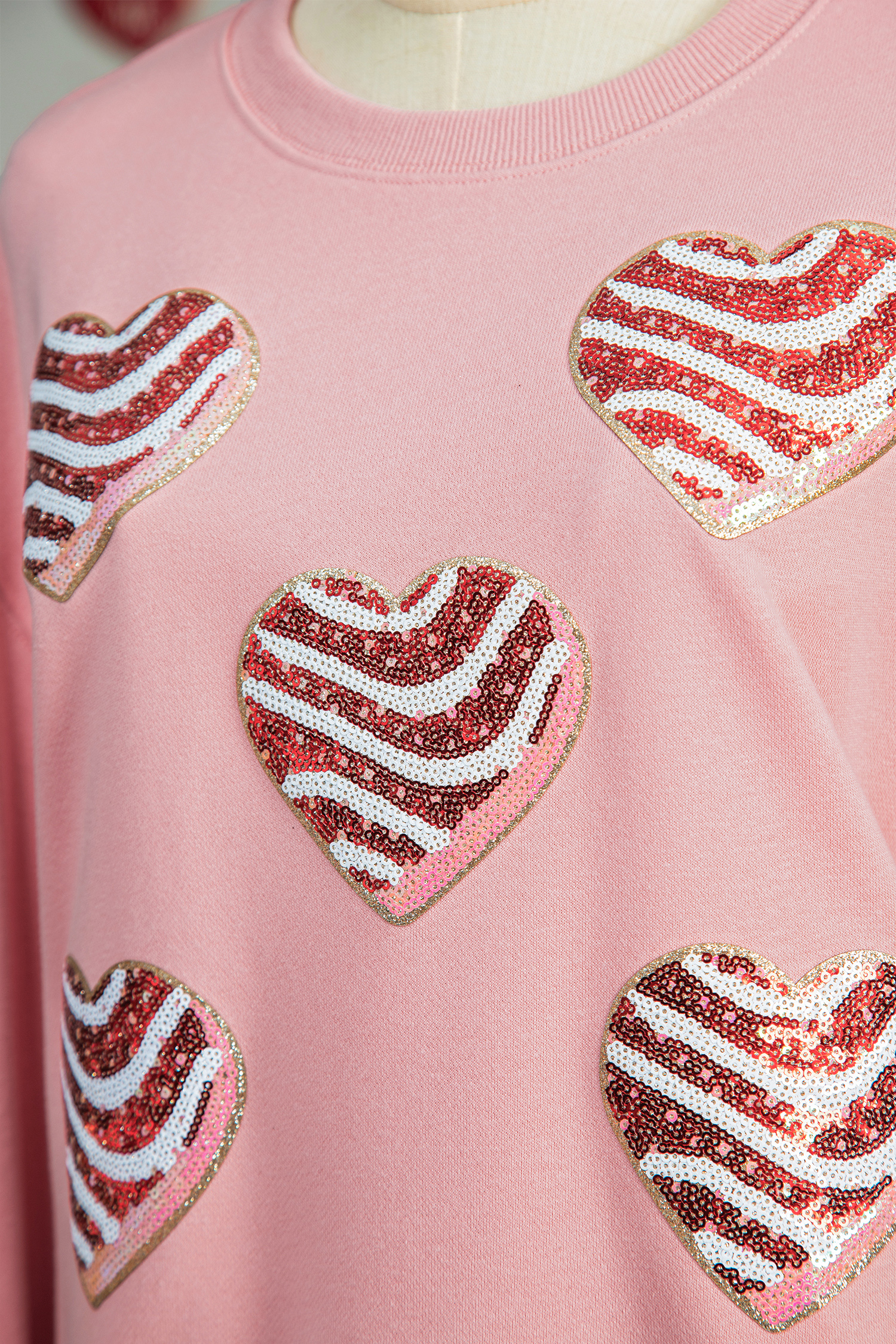 Pink Sequined Valentine Heart Print Round Neck Sweatshirt - loveforevers