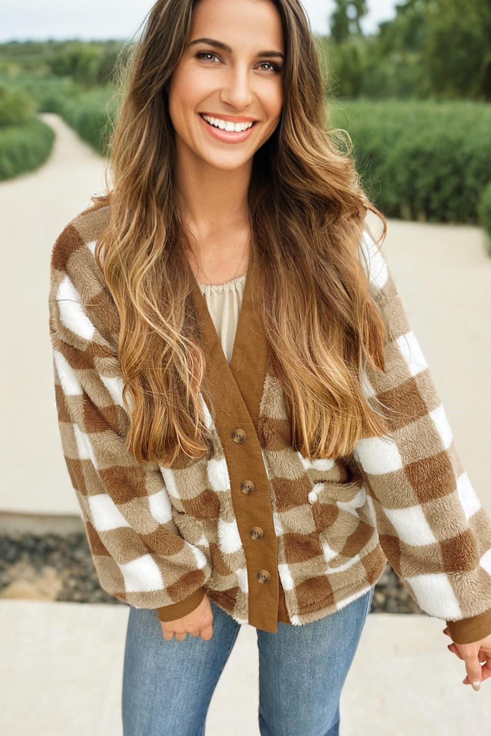 Brown Checkered Sherpa Loose Knit Cardigan with Pockets - loveforevers