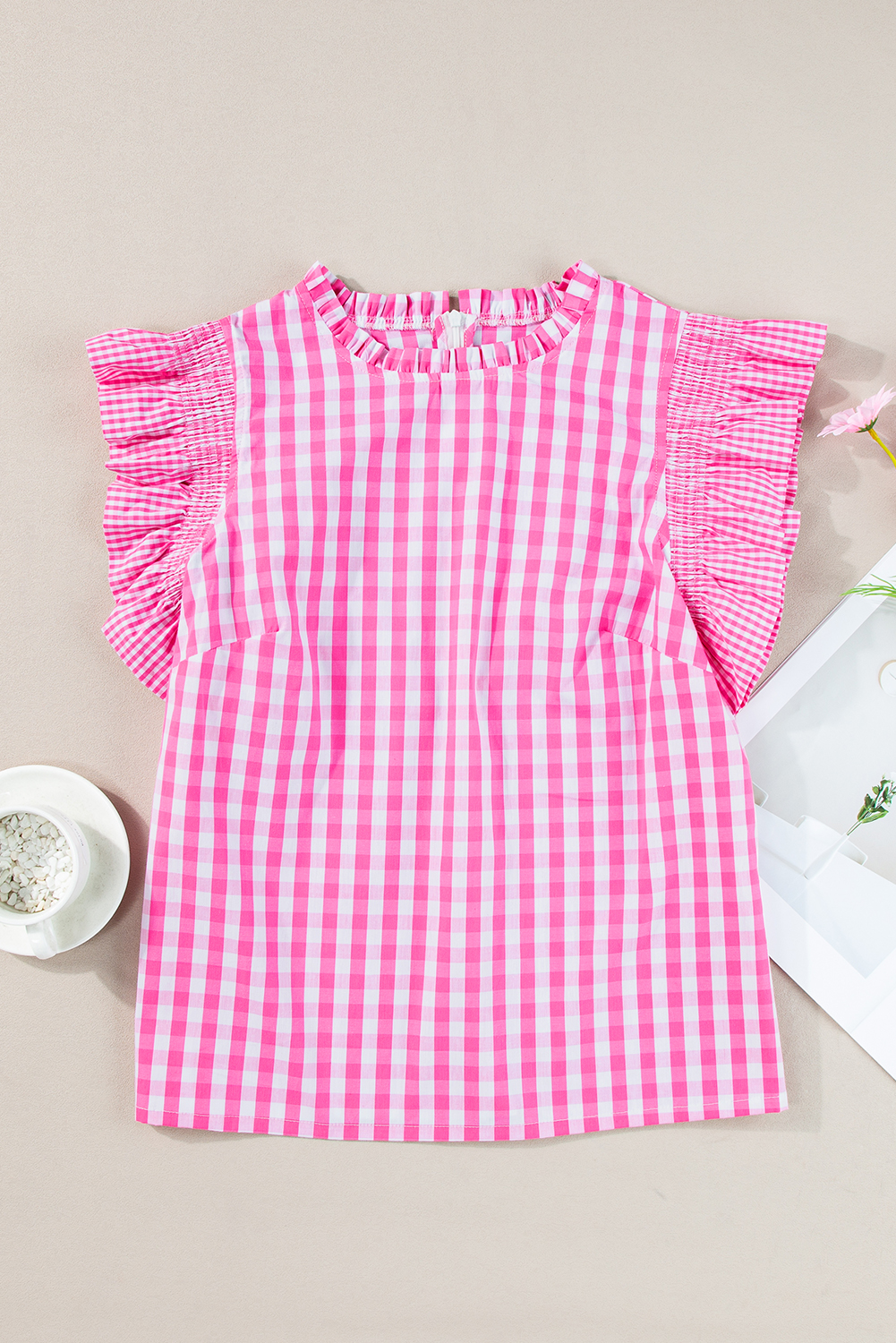 Rose Red Checkered Ruffled Sleeve Frilled Neck Blouse - loveforevers