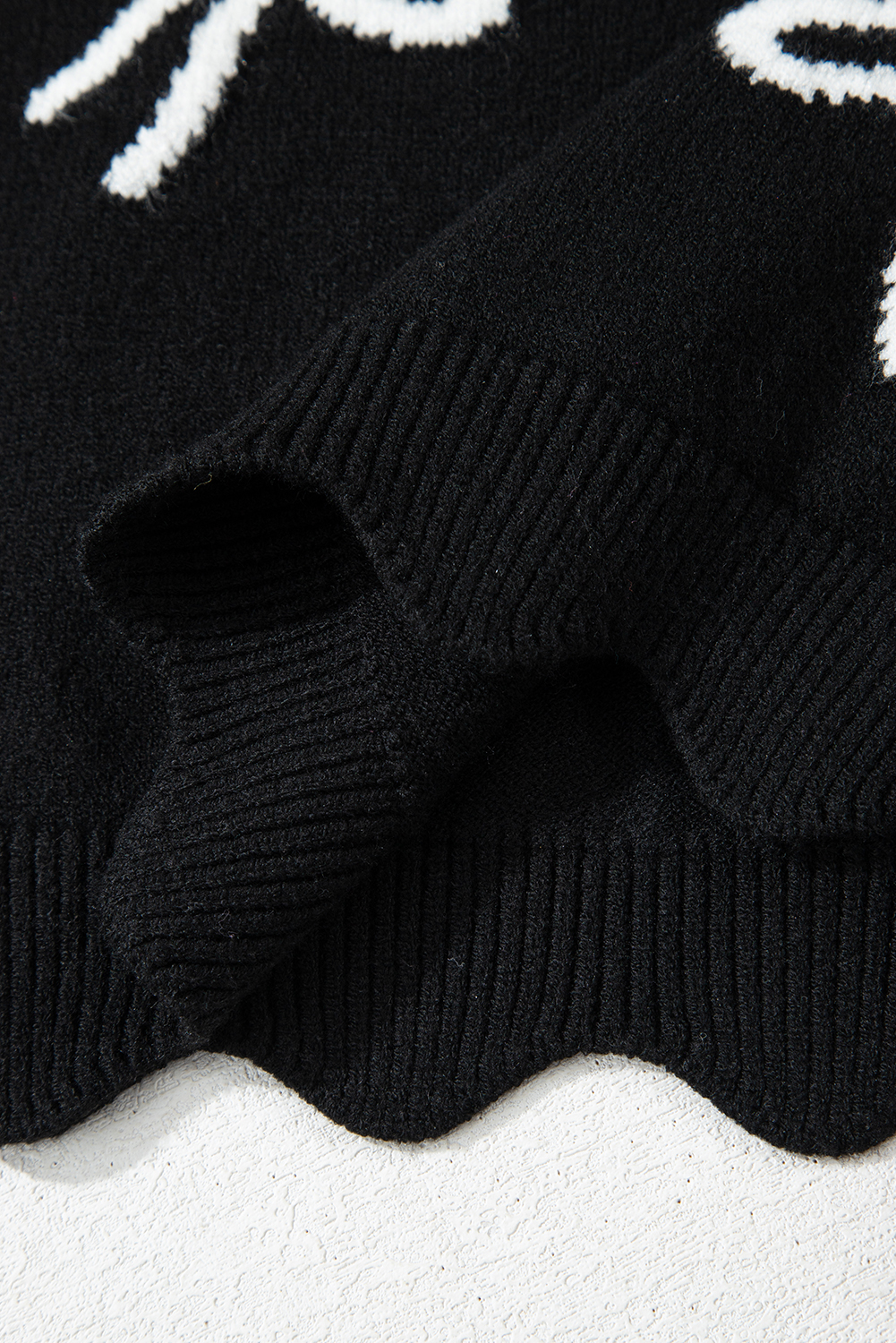 Black Bow Print Side Ties Scalloped Hem Sweater T Shirt - loveforevers