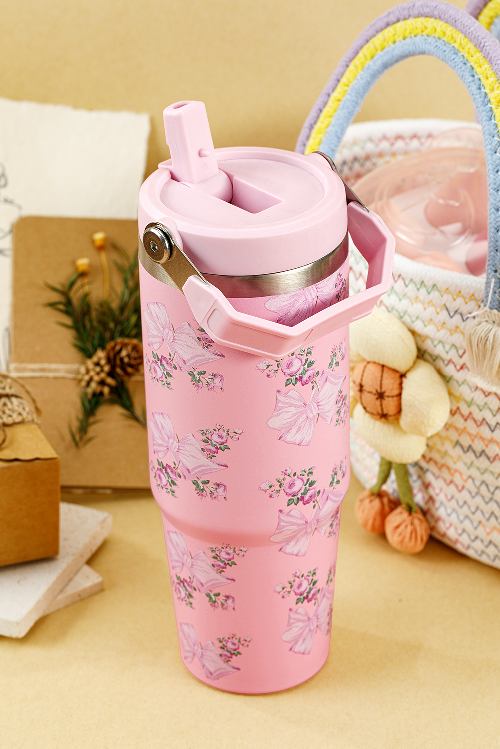 Pink 30OZ Bow Floral Print Flip Handle Straw Tumbler - loveforevers