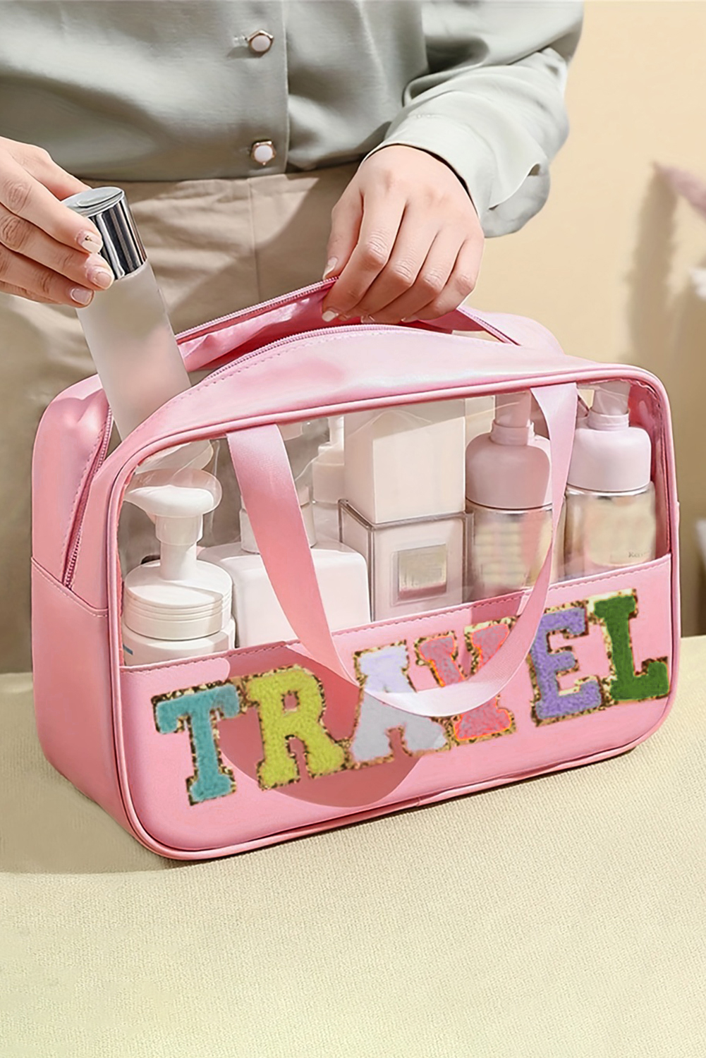 Light Pink TRAVEL Chenille Letter Clear PVC Makeup Bag - loveforevers