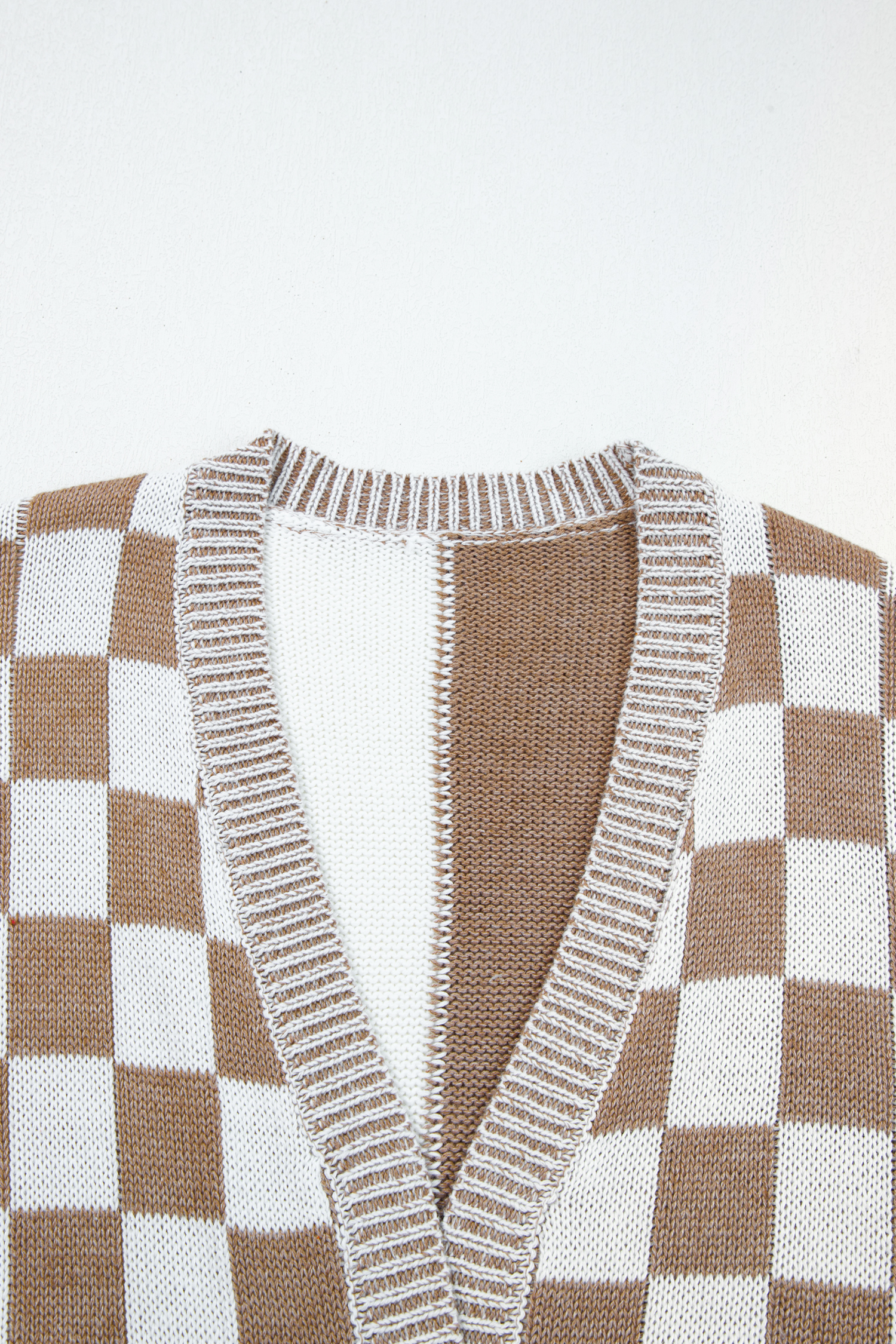 Brown Plus Size Checkered Bubble Sleeve Drop Shoulder Open Cardigan - loveforevers