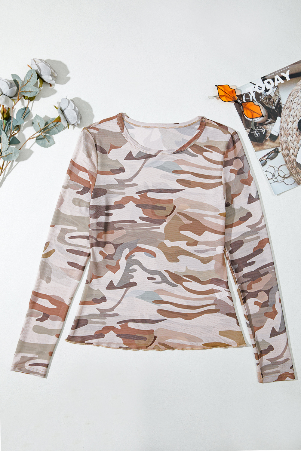 Western Fashion Camouflage Print Mesh Long Sleeve Top - loveforevers