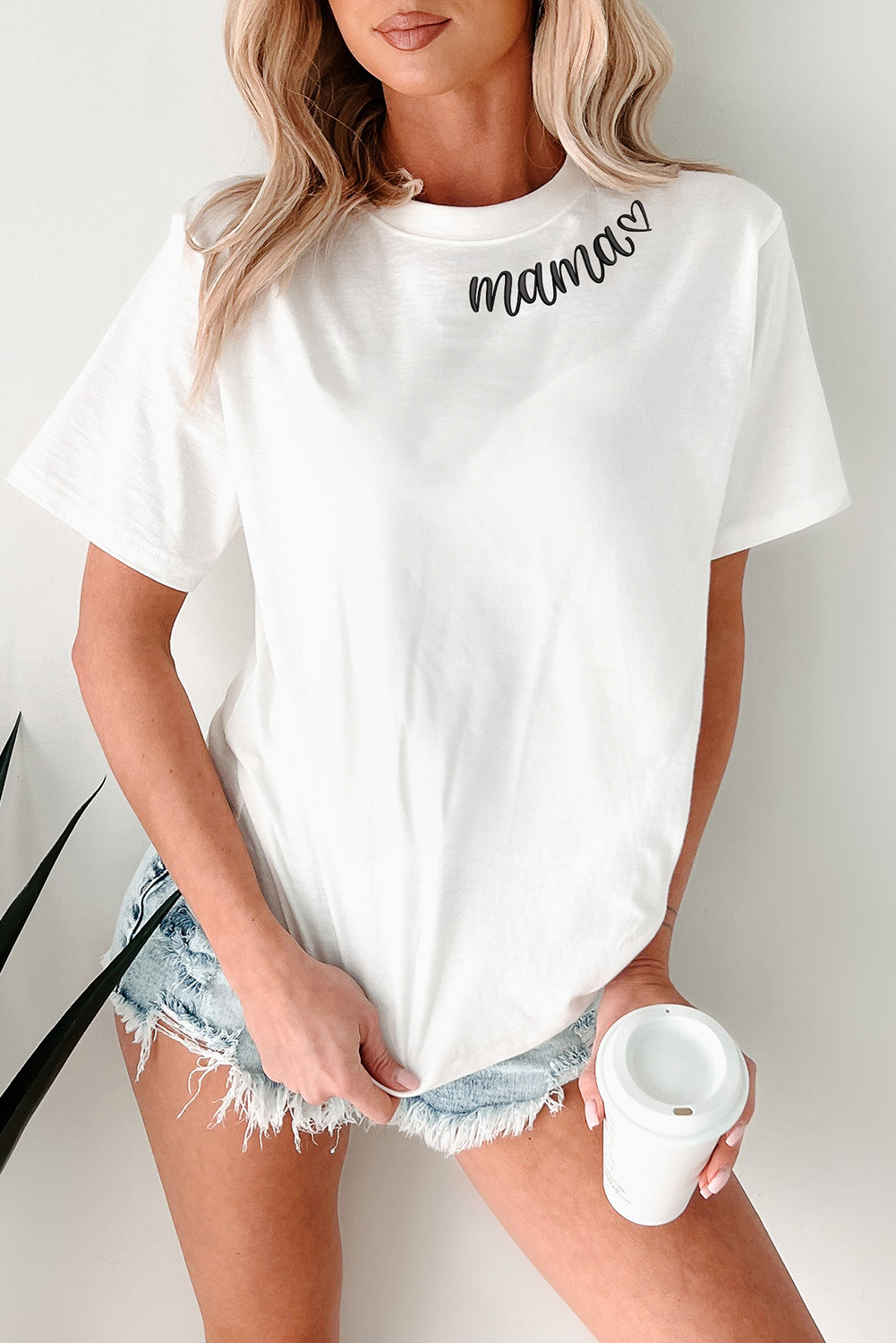 White mama Heart Embroidered Crew Neck T Shirt - loveforevers