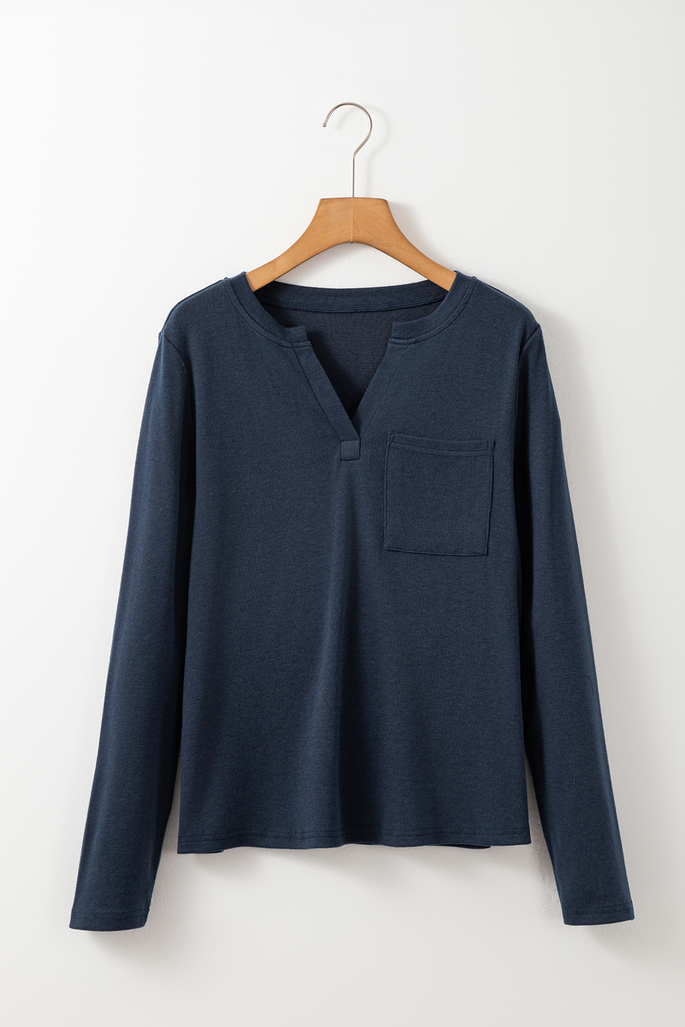 Dirty blue Notch V Neck Pocket Patched Long Sleeve T Shirt - loveforevers