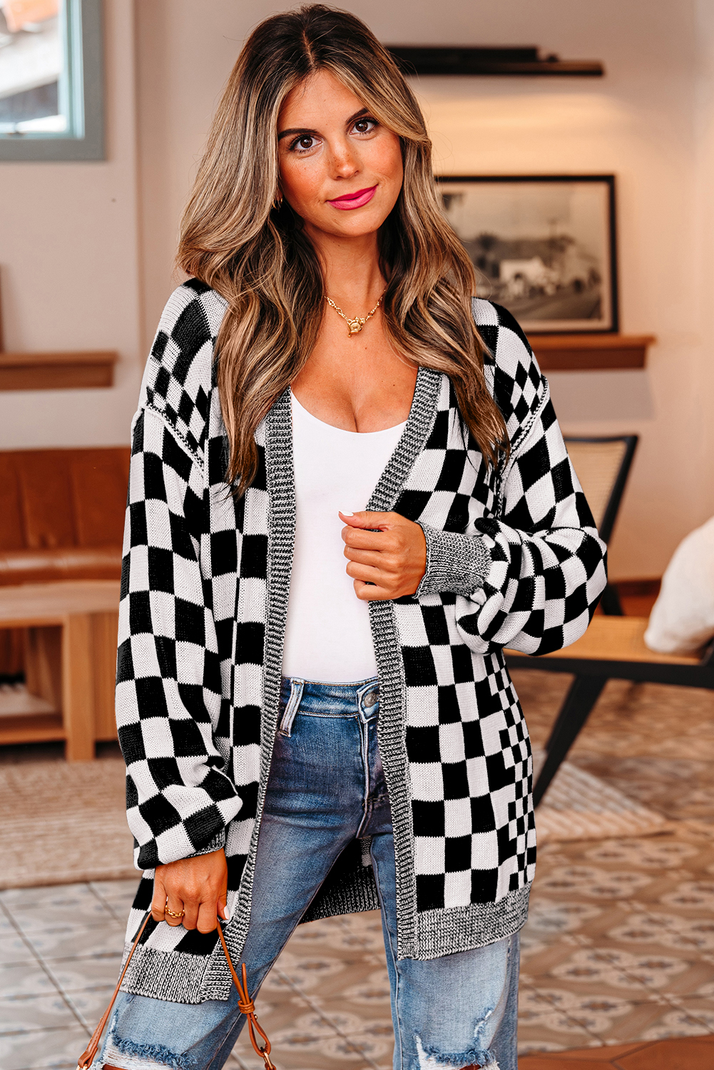 Black Checkered Open Front Drop Shoulder Cardigan - loveforevers