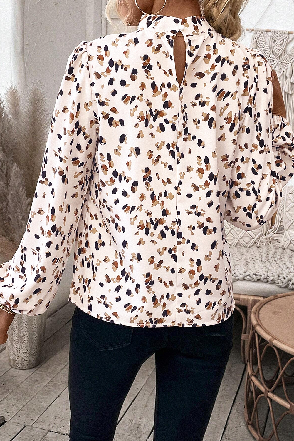 White Leopard Print Lantern Sleeve Mock Neck Pleated Blouse - loveforevers
