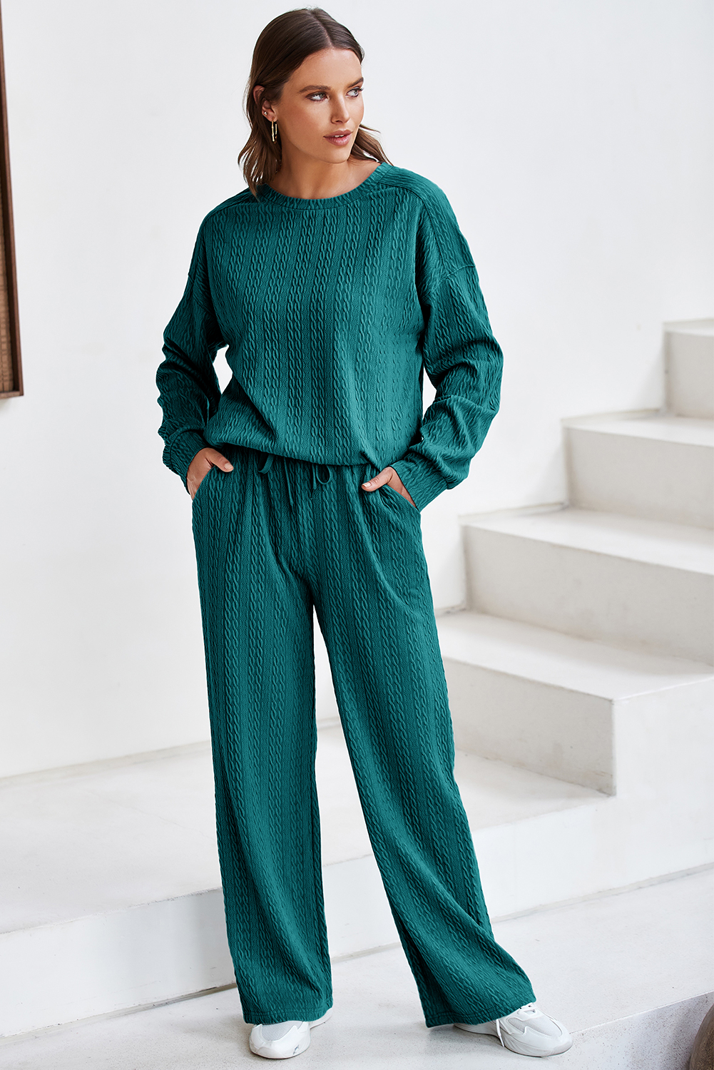 Smoke Green Textured Round Neck Sweatshirt & Loose Drawstring High Waist Pant Set - loveforevers