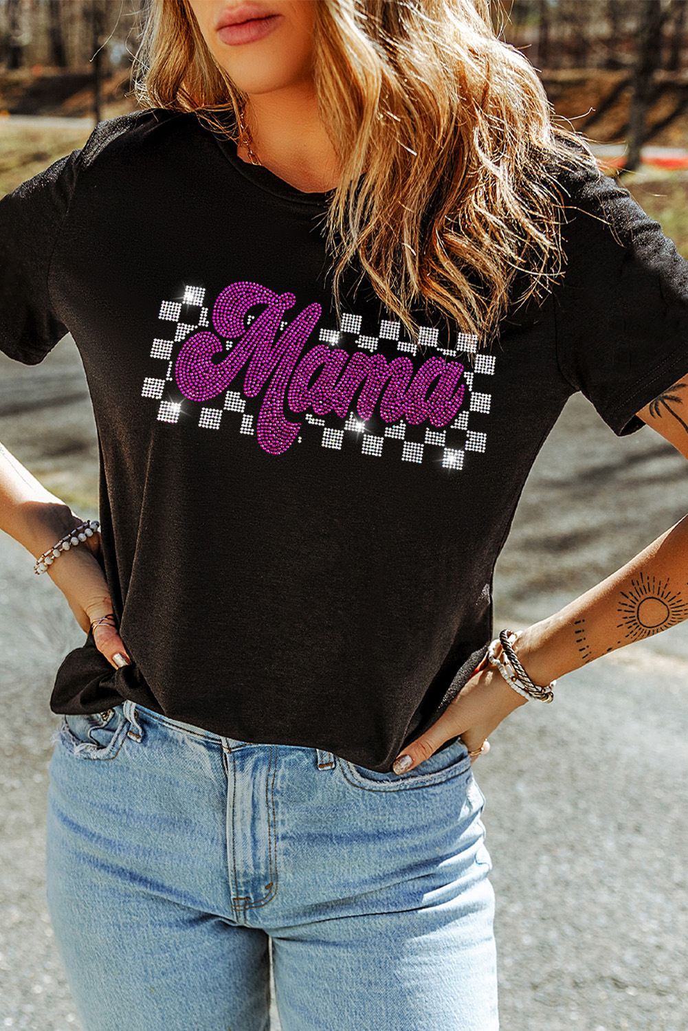 Black Rhinestone Mama Letter Graphic T Shirt - loveforevers