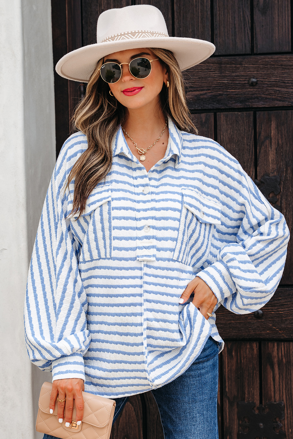 Sky Blue Stripe Half Button Collared Chest Pockets Loose Fit Blouse - loveforevers