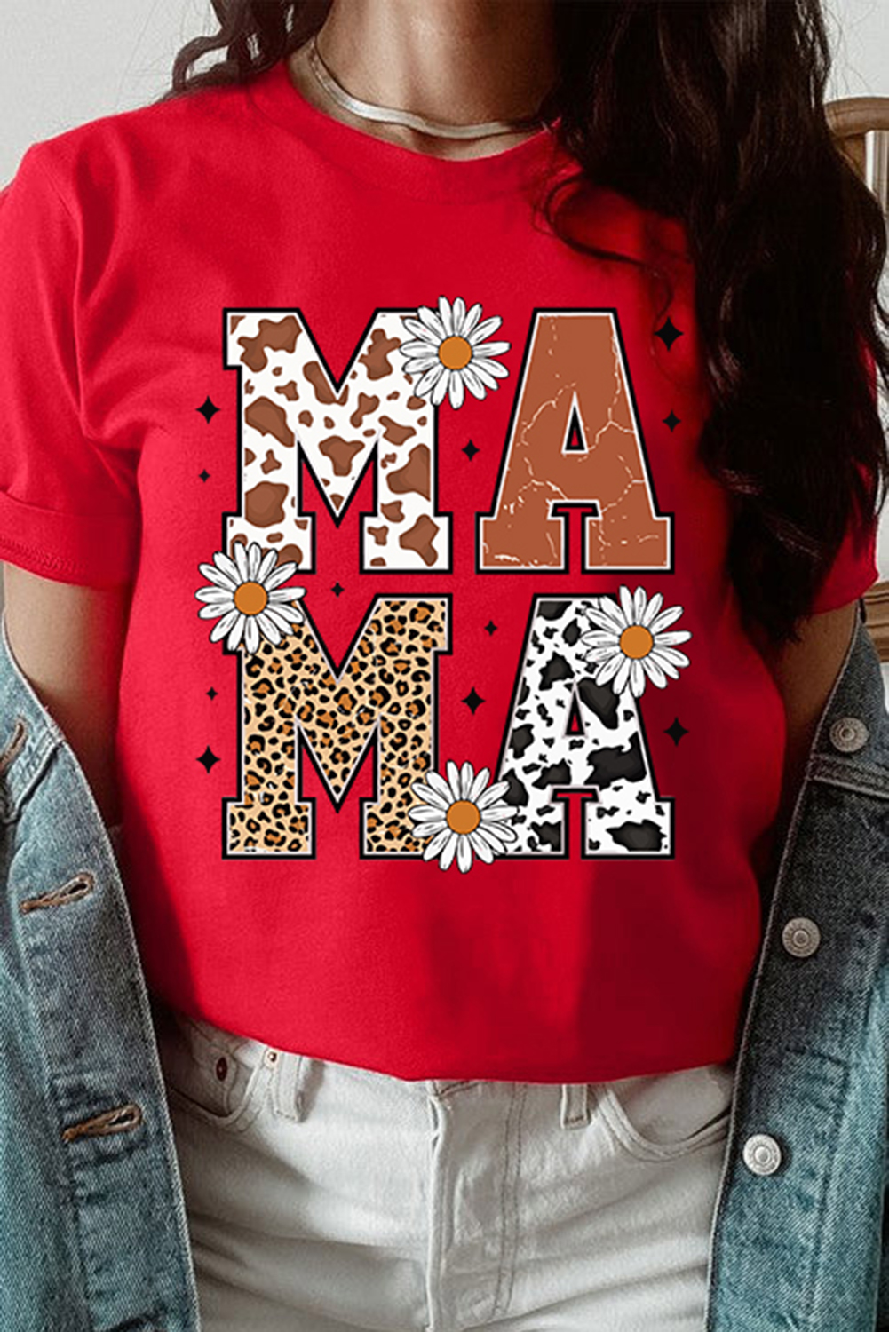 Red Western Animal Spots MAMA Letter Daisy Flower Printed Tee - loveforevers
