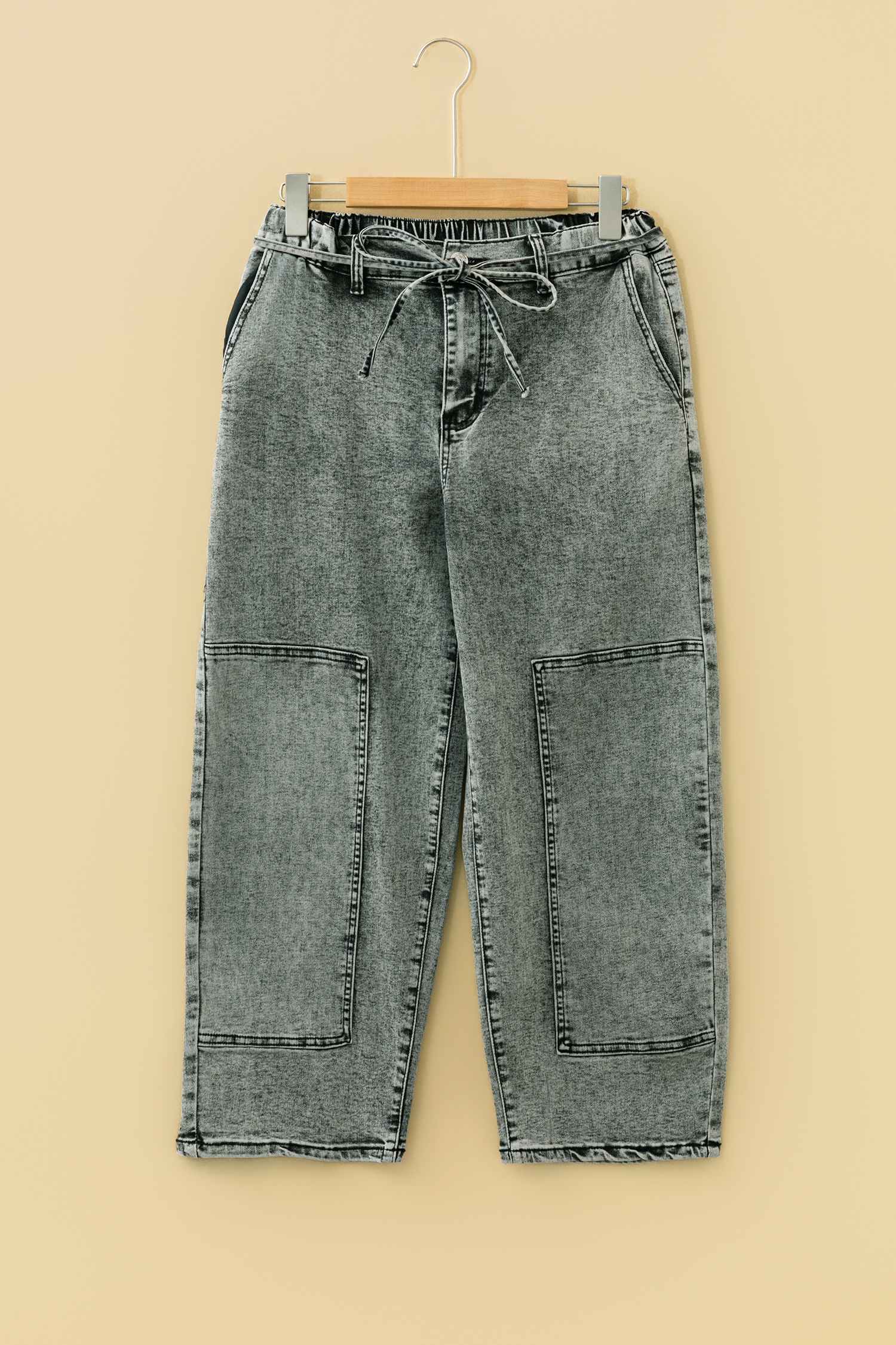Smoke Gray Acid Wash Barrel Fit Denim Pants with Waist String - loveforevers
