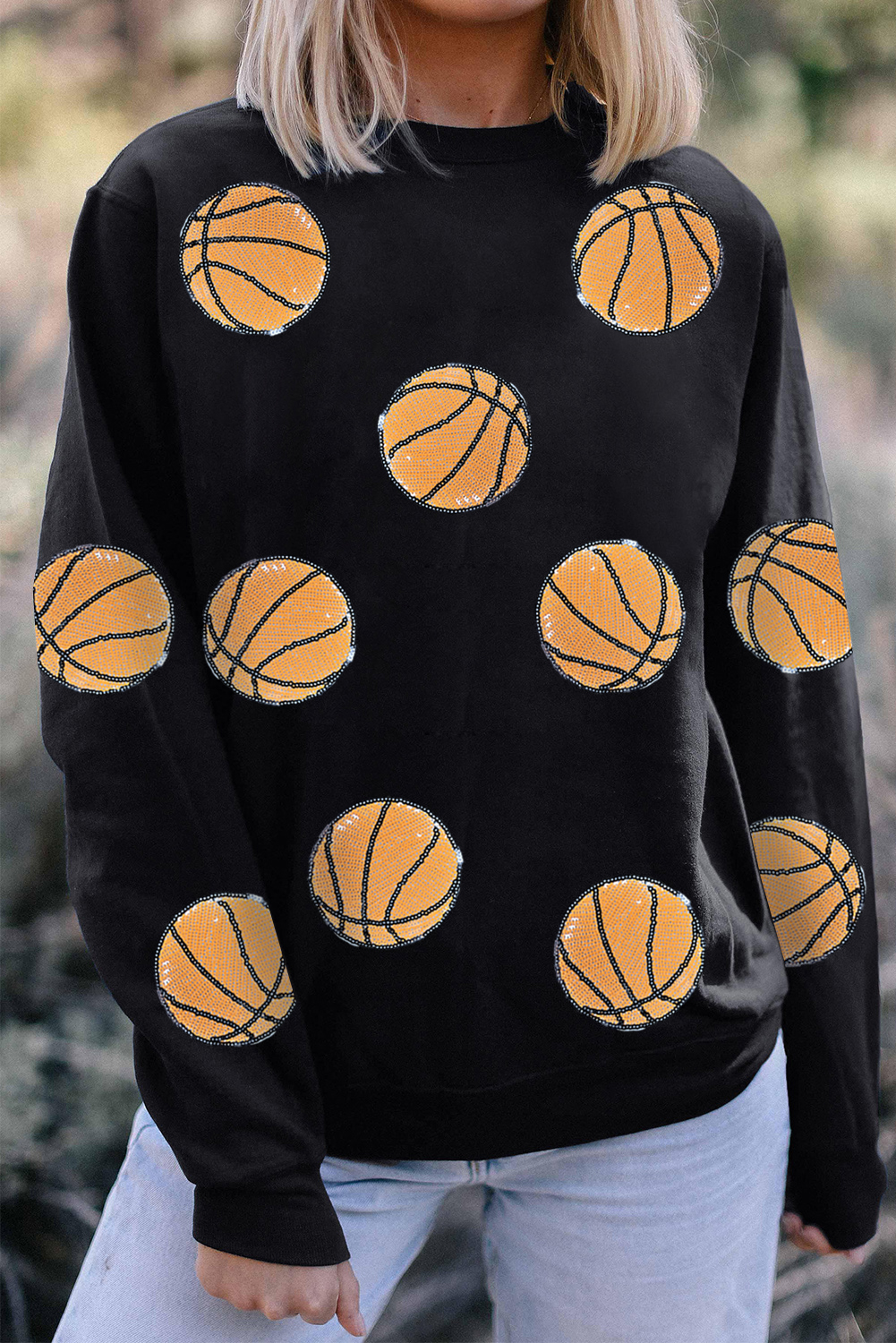 Black Sequin Basketball Patched Graphic Game Day T Shirt - loveforevers