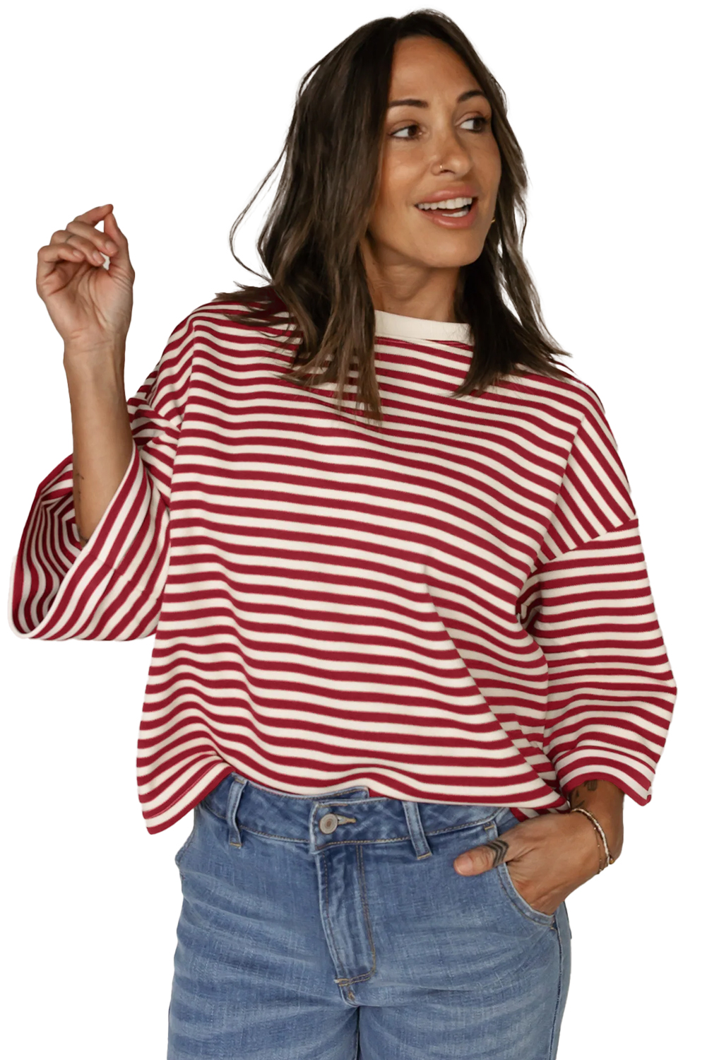 Red Stripe Bowknot Cutout Back Drop Shoulder Wide Bracelet Sleeve Loose Tee - loveforevers