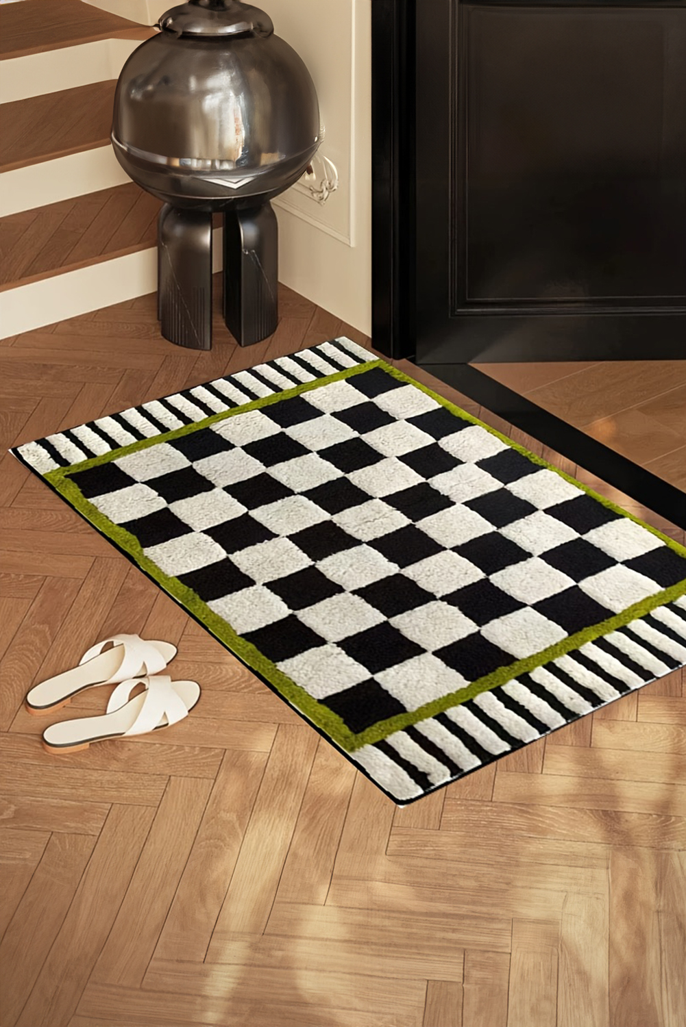 Spinach Green Square Trim Plush Checkered Striped Bath Rug - loveforevers