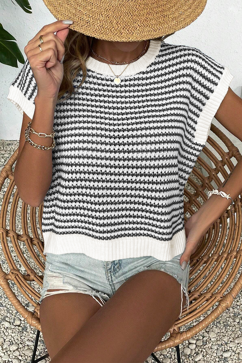 Blue Stripe Ribbed Trim Loose Fit Knitted Sweater Vest - loveforevers