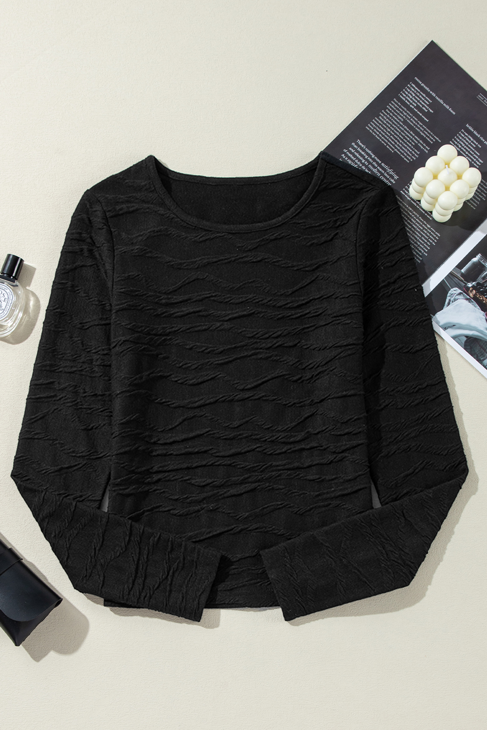 Black Solid Wavy Textured Slim Fit Long Sleeve T Shirt - loveforevers