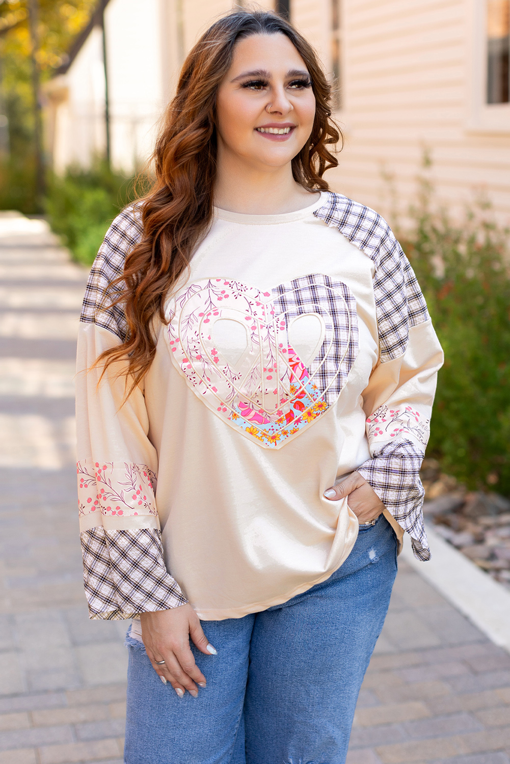 Beige Flower Patch Graphic Exposed Seam Wide Sleeve Top - loveforevers
