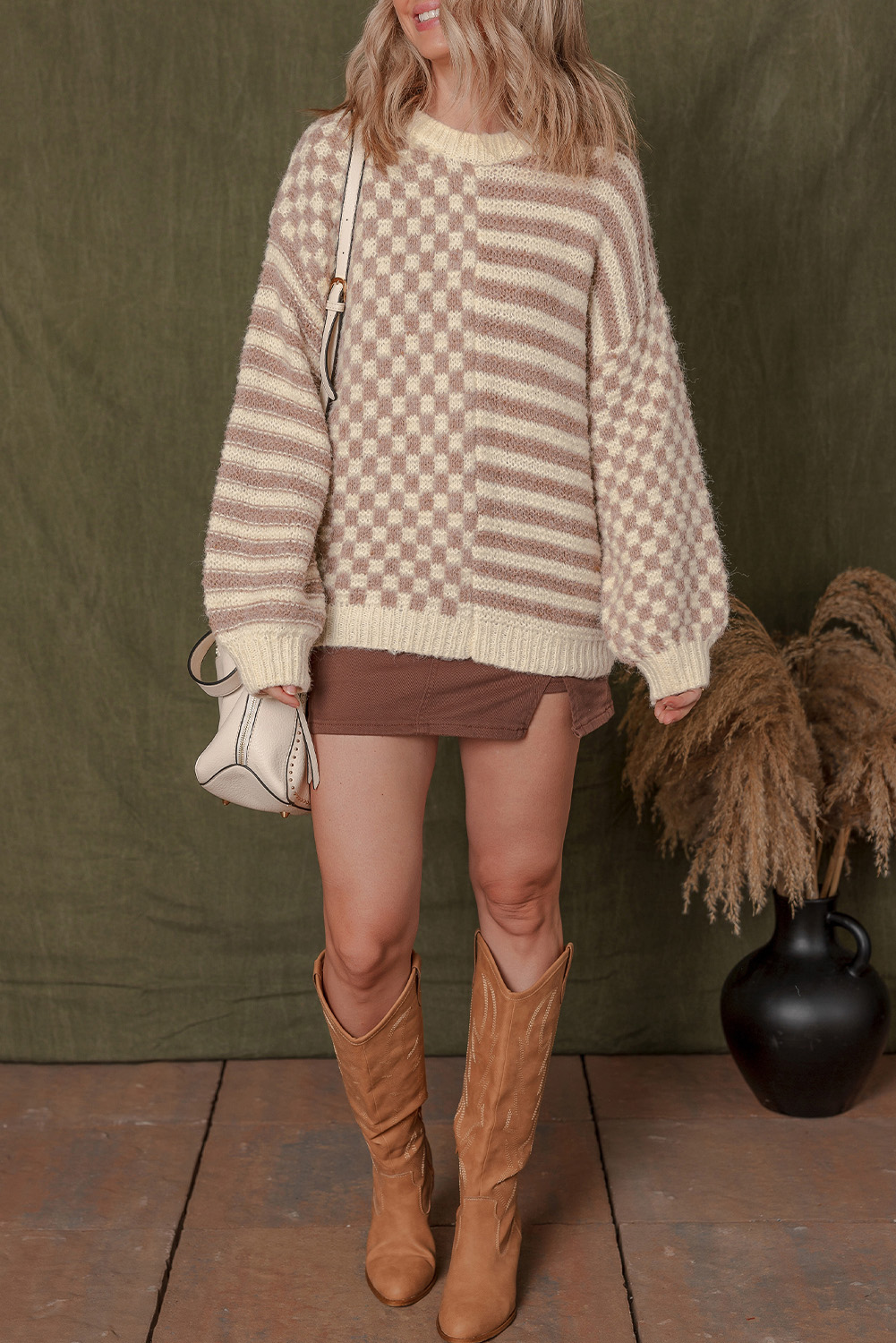 Khaki Stripe Checkerboard Drop Shoulder Balloon Sleeve Sweater - loveforevers