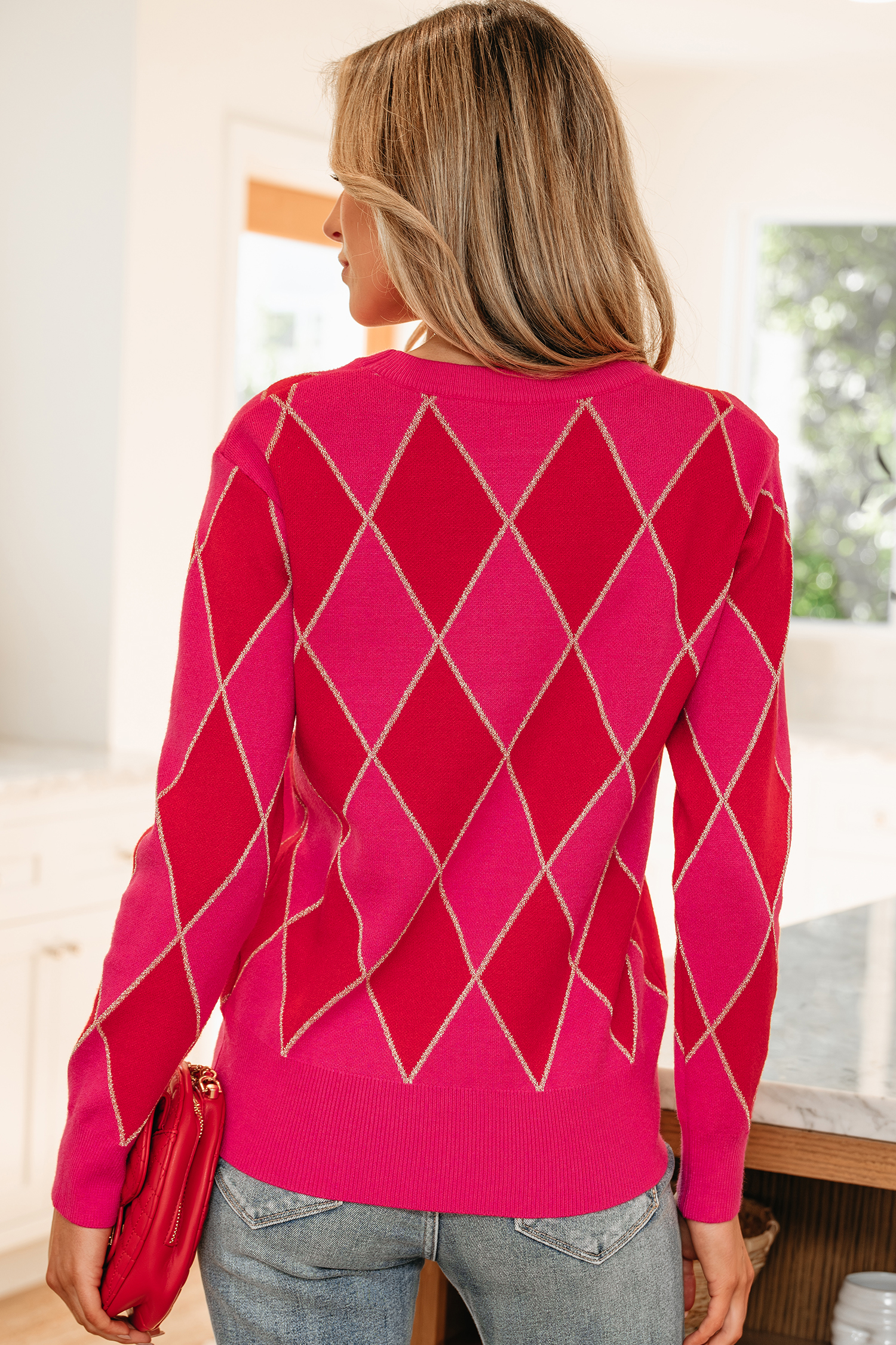 Rose Glitter Trim Rhombus Pattern Knit Sweater Vest - loveforevers