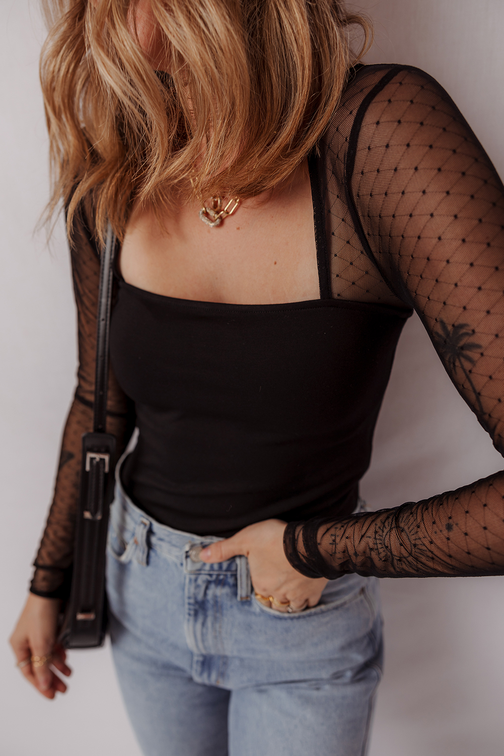 Black Polka Dot Mesh Long Sleeve Square Neck Bodysuit - loveforevers