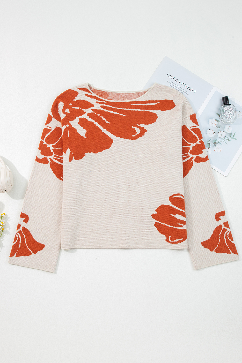 Beige Bold Flower Pattern Wide Sleeve Baggy Sweater - loveforevers