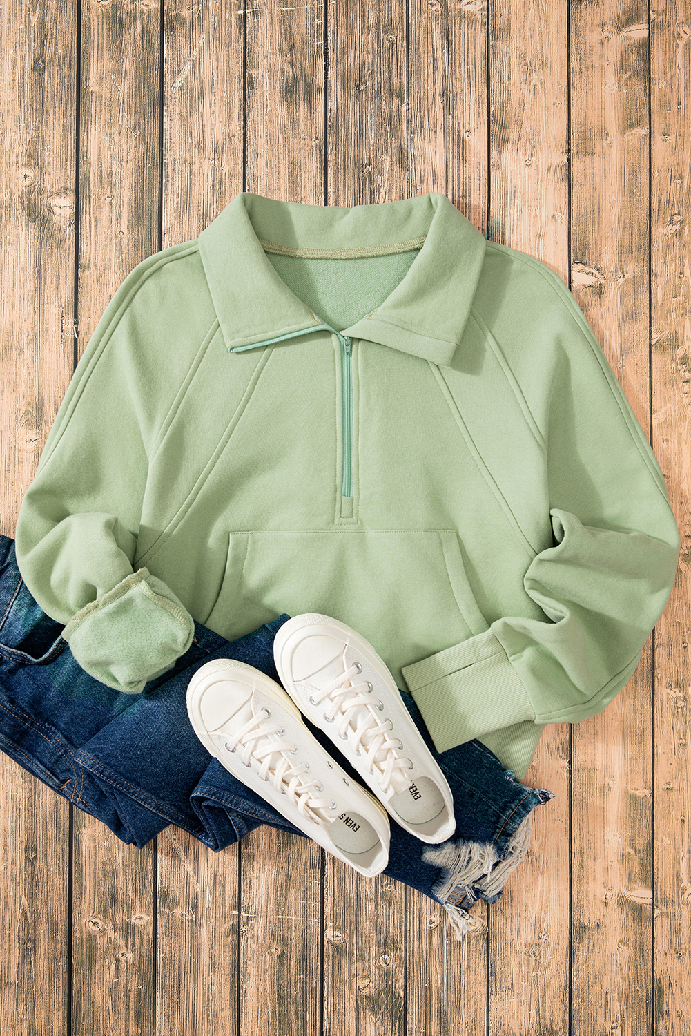 Smoke Green Fleece Lined Zip Up Stand Collar Thumbhole Sleeve Sweatshirt - loveforevers