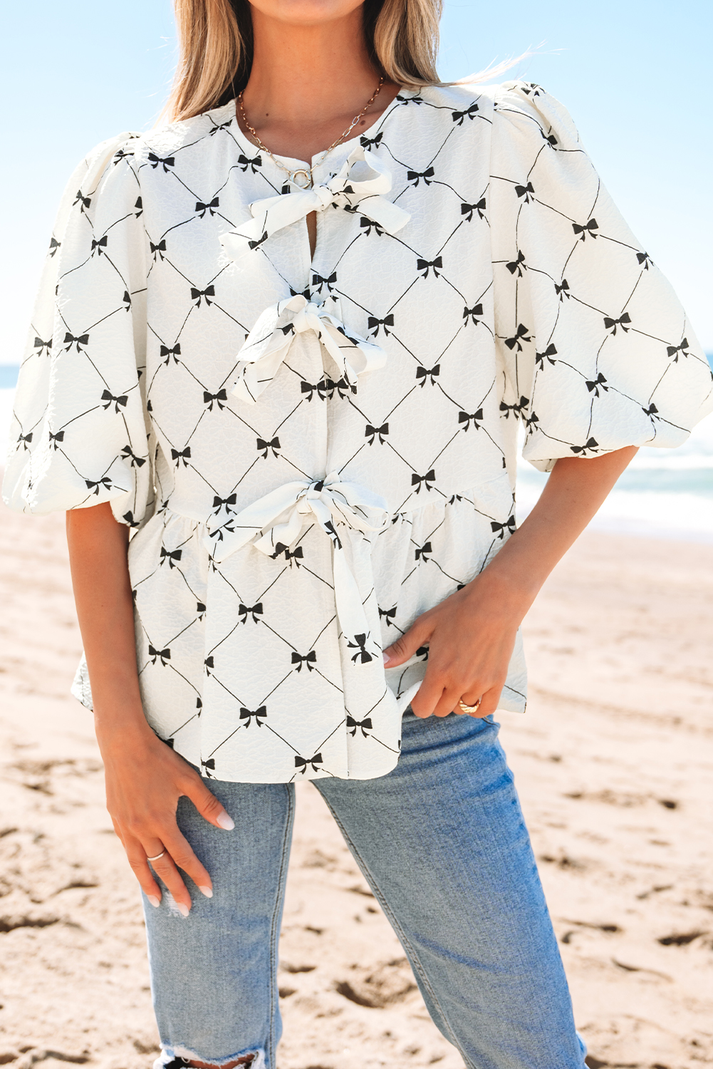 White Bowknot Print Front Knots Bubble Sleeve Blouse - loveforevers