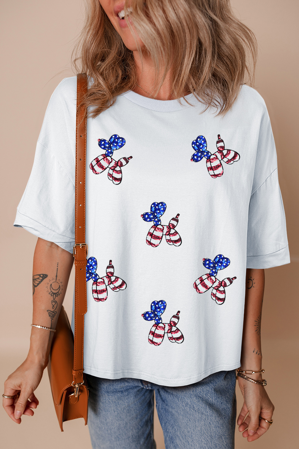 White Sequin USA Flag Balloon Puppy Graphic Drop Shoulder High Low Tee - loveforevers