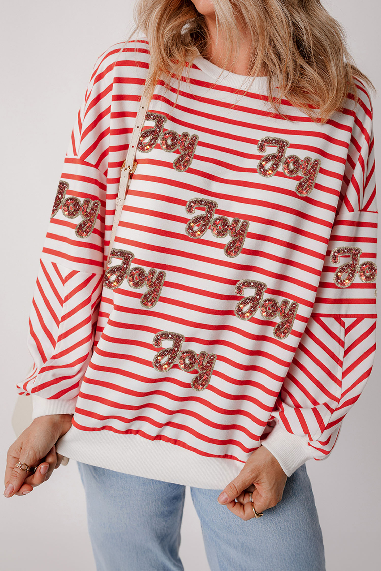 Orange Stripe Sequined Joy Pattern Patchwork Sleeve Round Neck Sweatshirt - loveforevers