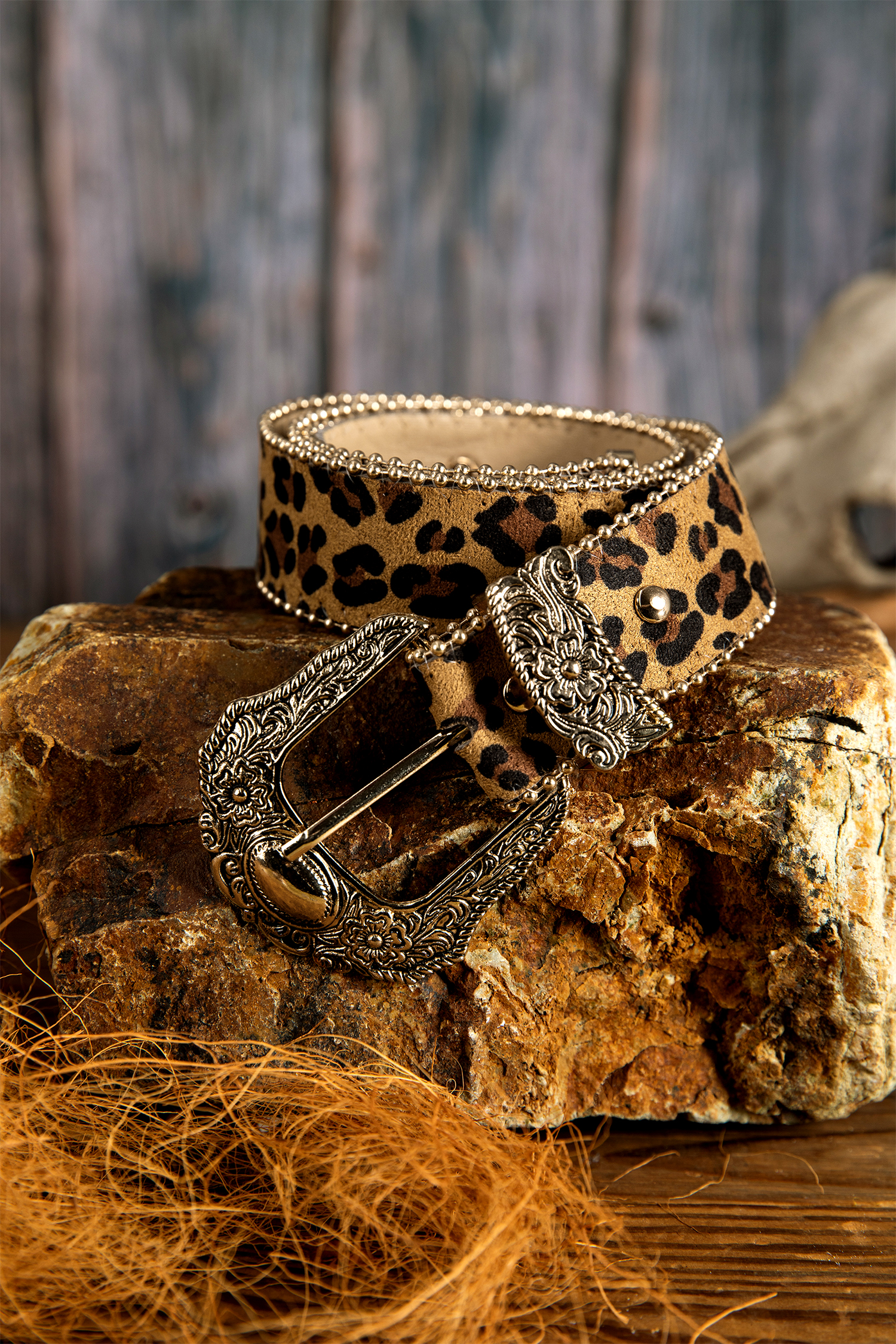 Thai Curry Leopard Beading Trim Retro Embossed Hardware PU Waist Belt - loveforevers