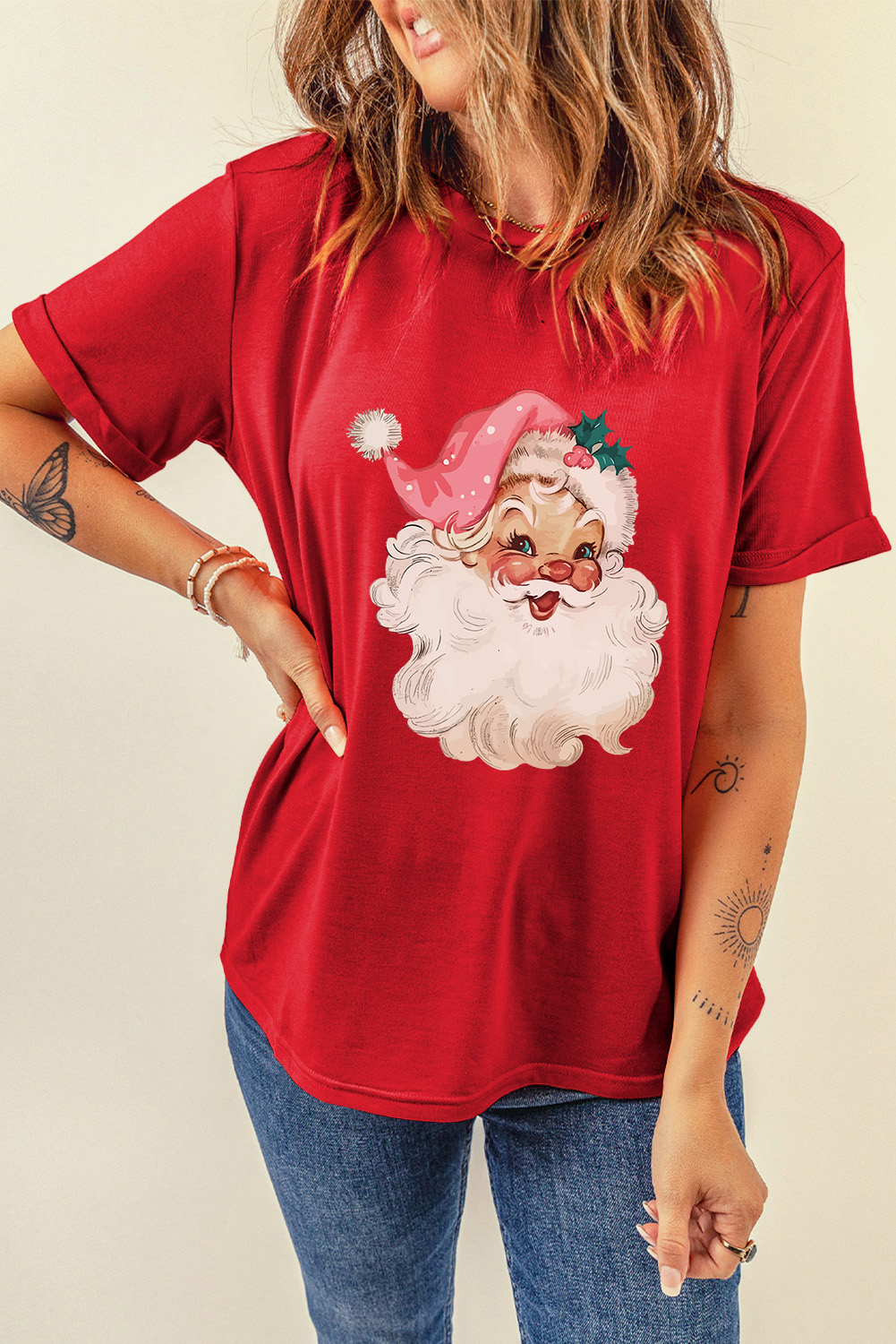 Red Christmas Santa Claus Print Crew Neck T Shirt - loveforevers