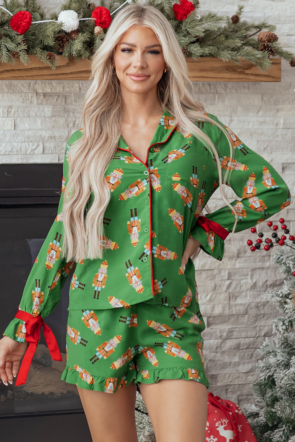 Green Christmas Candy Contrast Trim Bow Knot Silky 2pcs Pajama Set - loveforevers