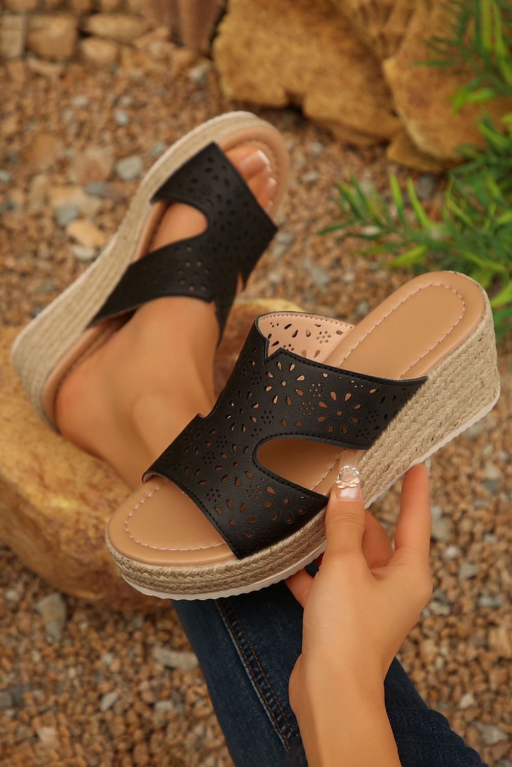 Black Flower Hollow Out PU Leather Wedge Slippers - loveforevers