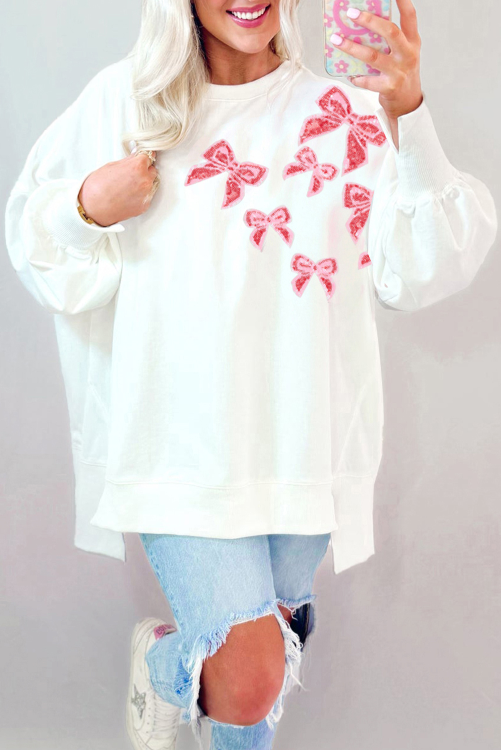 White Sequin Bowknot High Low Oversize Sweatshirt - loveforevers
