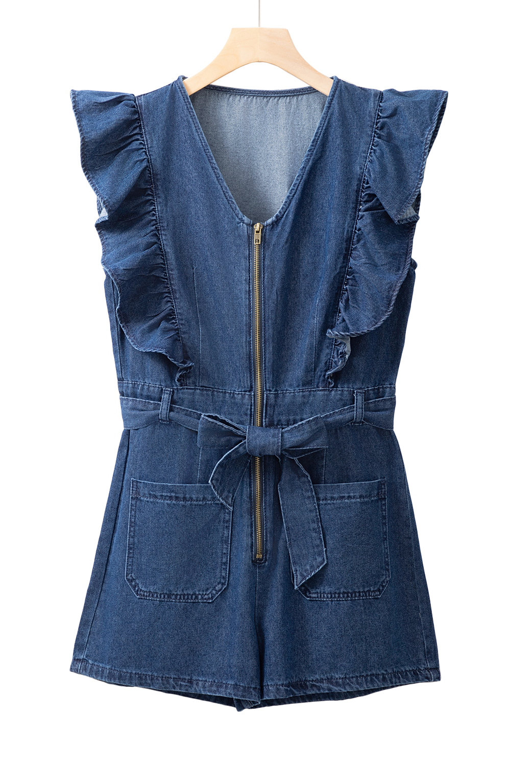Sail Blue Denim Ruffled Zipped Front Belted Romper - loveforevers