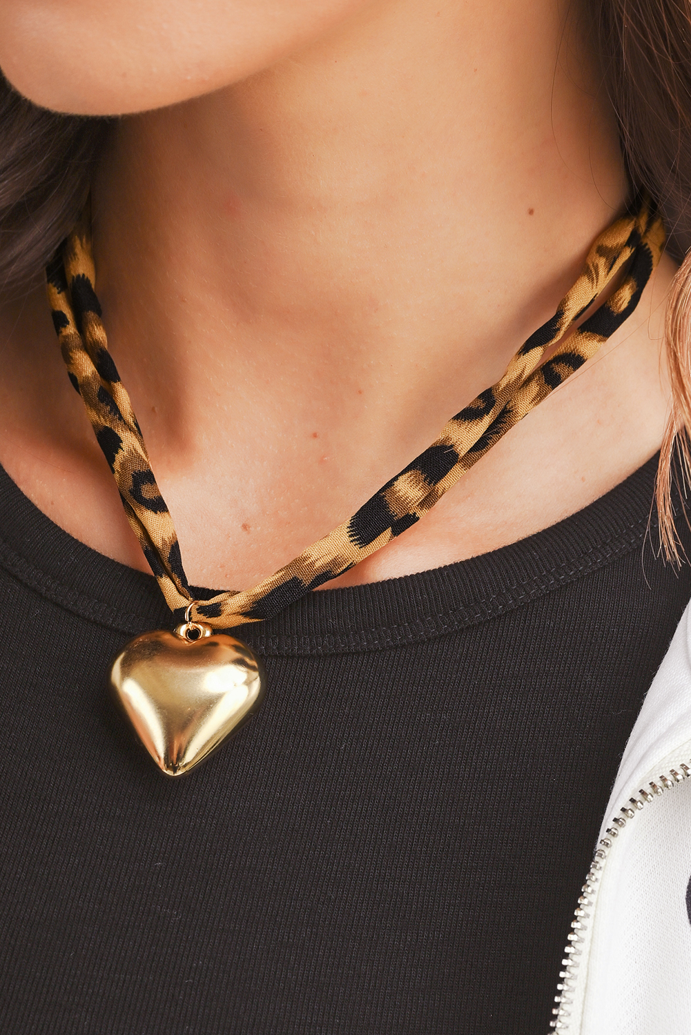Gold Puffy Heart Charm Leopard Scarf Necklace - loveforevers